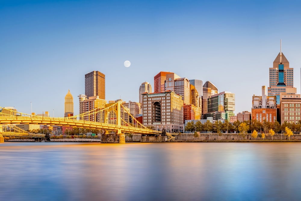 Long Exposure Of Pittsburgh Downtown Skyline And Roberto Clemente Bridge, On A Sunny Afternoon, As Viewed From North Shore Riverfront Park, Across Allegheny River.