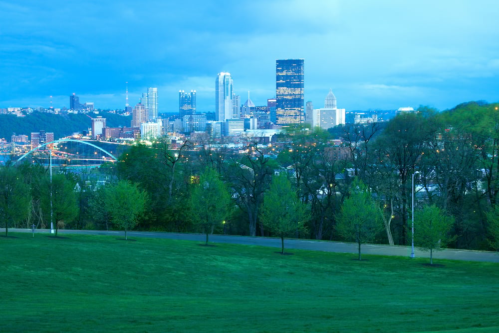 Schenley Park At Oakland Neighborhood And Downtown City Skyline, Pittsburgh, Pennsylvania, Usa