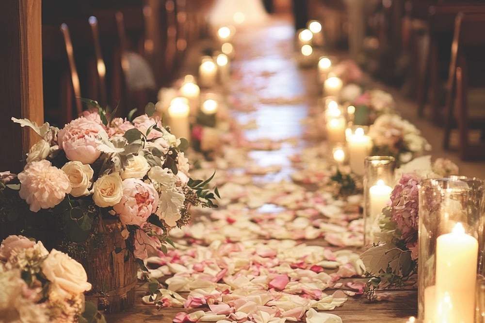 Romantic Wedding Ceremony: Rose Petals, Candles, Bride, Groom, Rustic Venue.