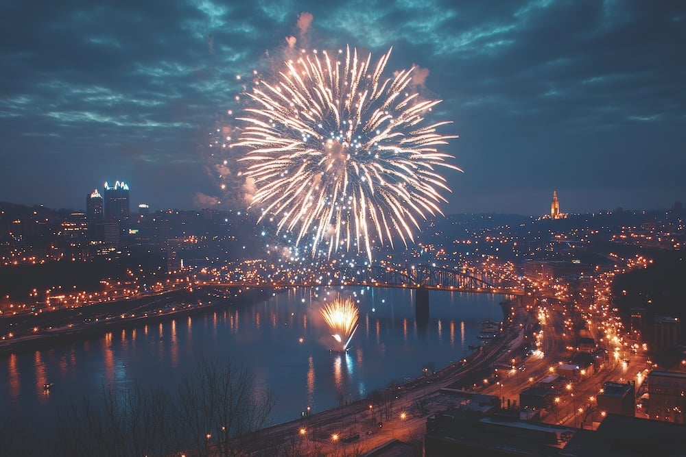 Fireworks Extravaganza Over River Pittsburgh Event Photography Urban Nightscape Aerial View Celebration Of Light