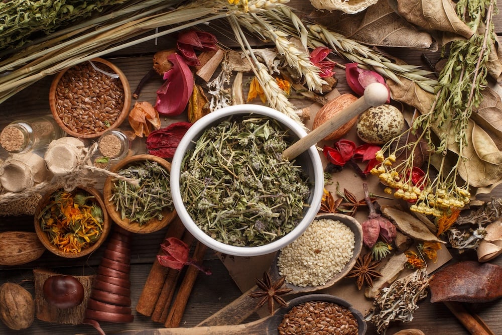 Bunch Of Healing Herbs On Wooden Board. Herbal Medicine. Top View.