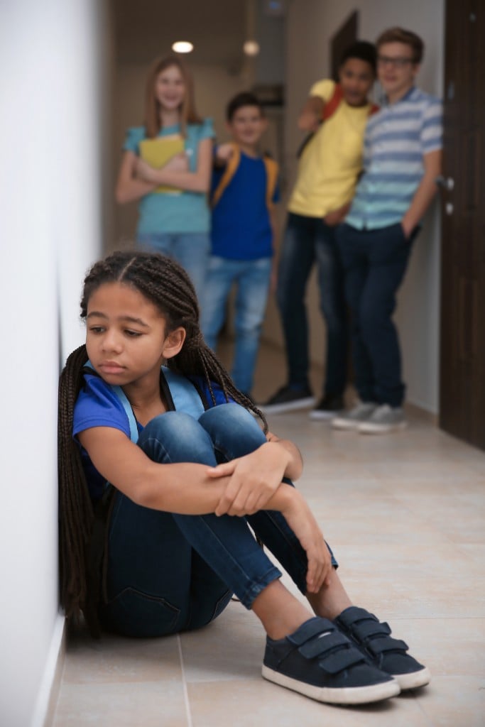 Sad African American Girl Indoors. Bullying In School