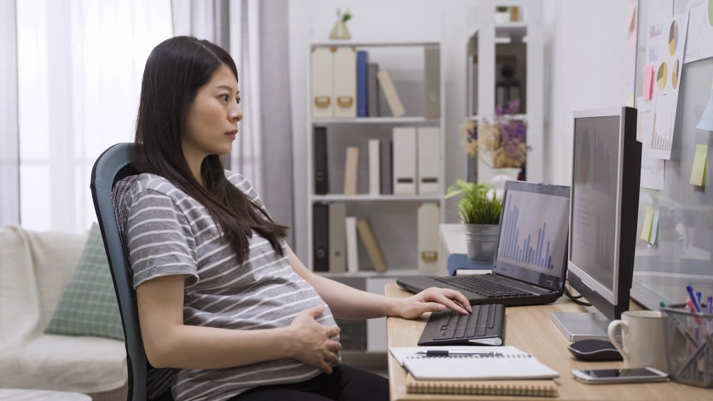 Pregnant Woman Working On Computer At Table