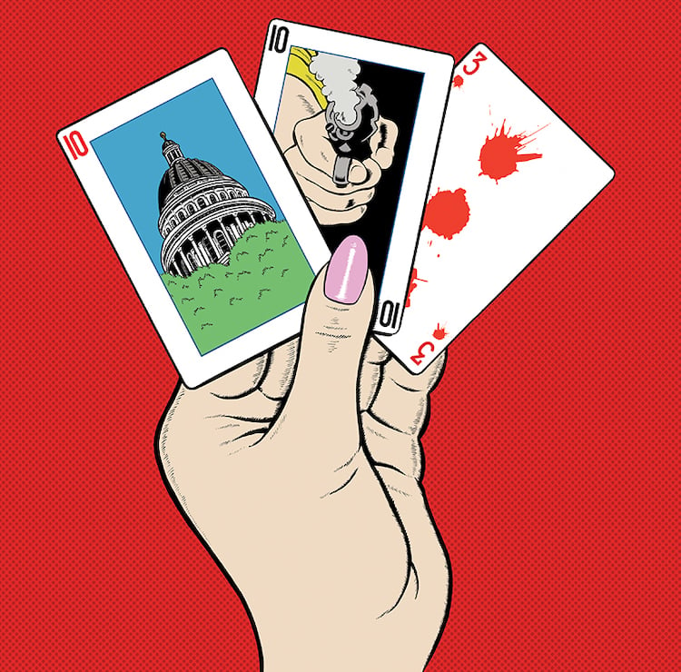 A hand holding three cards showing the Sacramento Capitol, a gun, and bullet holes, symbolizing All That Fall by Kris Calvin