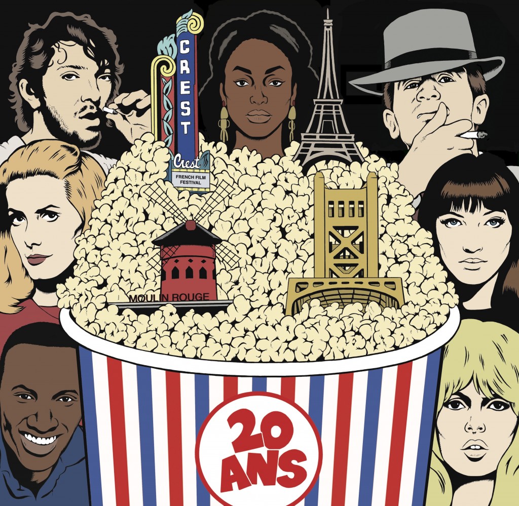 An illustration of of faces around a bowl of popcorn for the Sacramento French Film Festival
