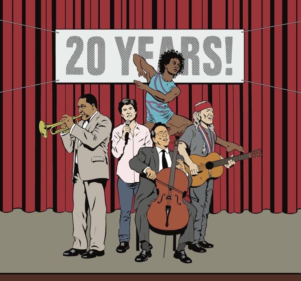 An illustration with Yo-Yo Ma, Big Notaro, Willie Nelson and other artist at the Mondavi