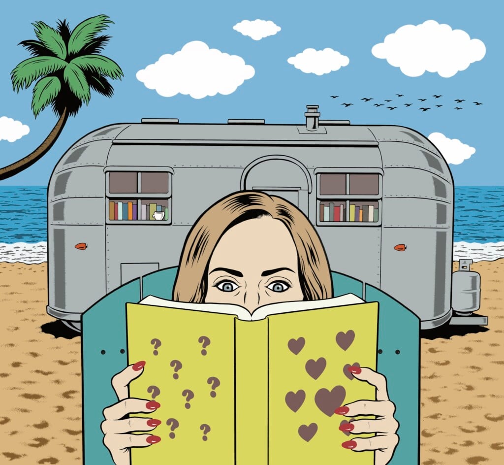 An illustration of Brenda Novak reading in front of an Airstream