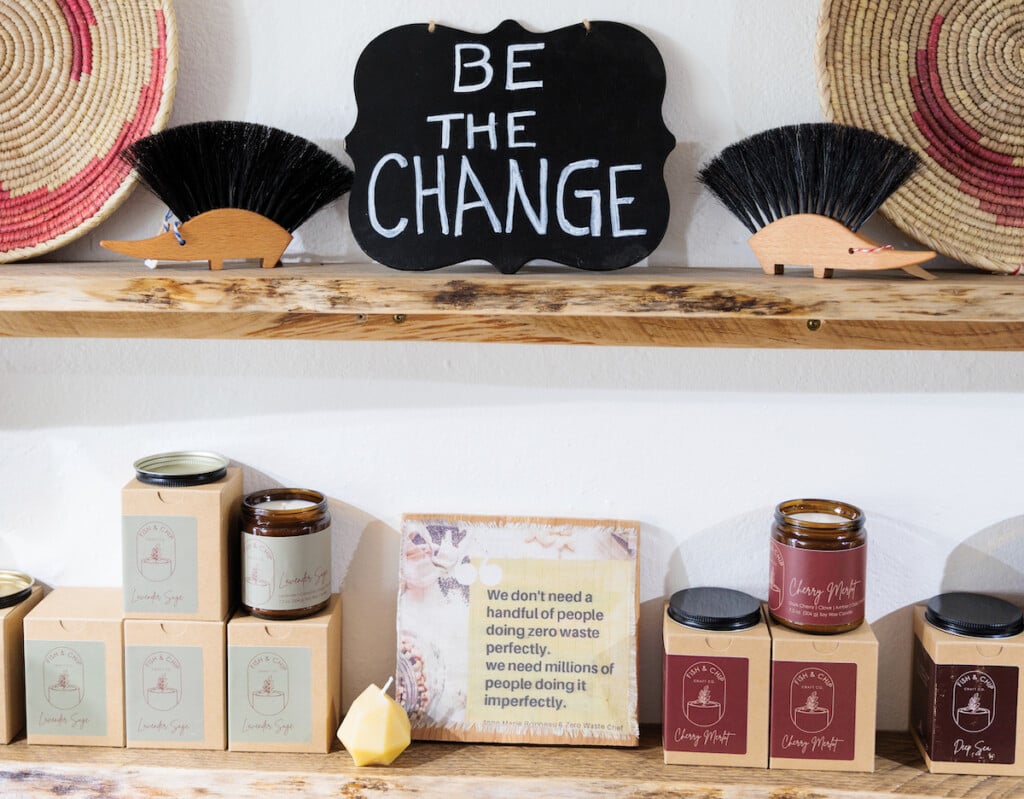 Signs At Nudge Eco Store In Midtown Sacramento saying Be the Change