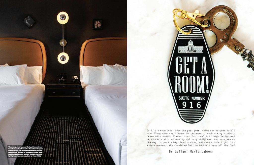 An image of a new Sacramento hotel room at the Hyatt Centric, alongside an ornate keychain that says Get a Room