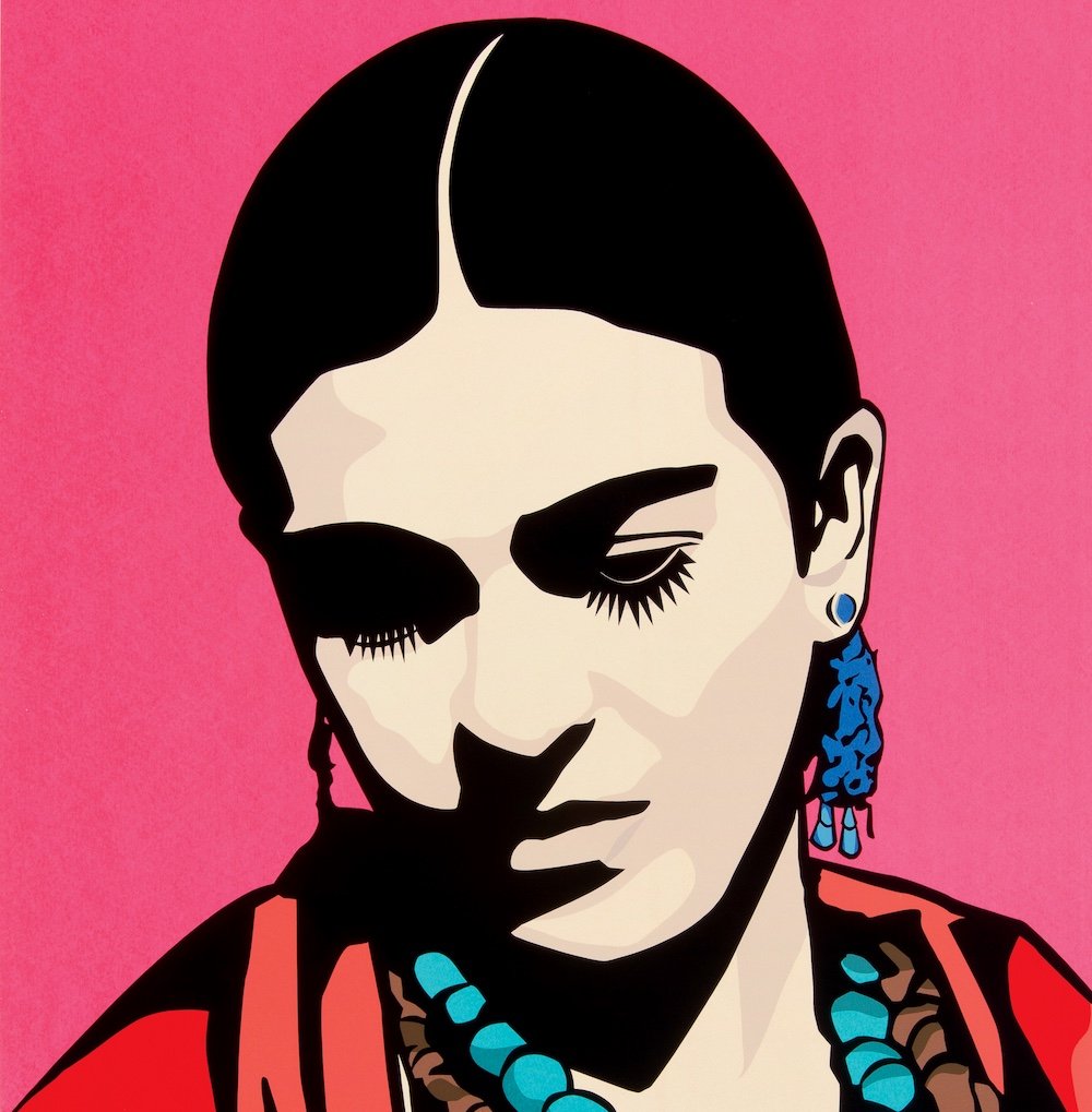 Caracoza's Young Frida, showing a woman looking down, her eyes shaded, against a pink background