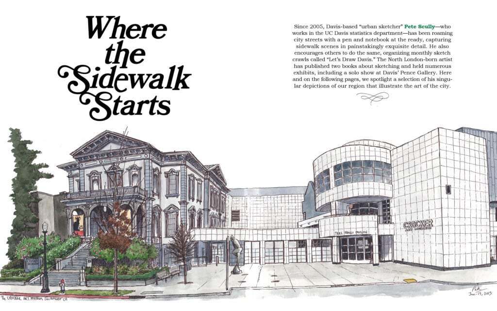 The headline "Where the Sidewalk Starts" with an urban sketch of the Crocker Museum