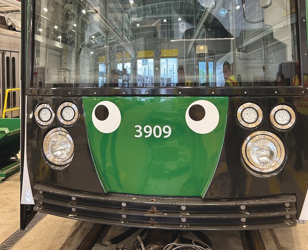 A train with a pair of googly eyes