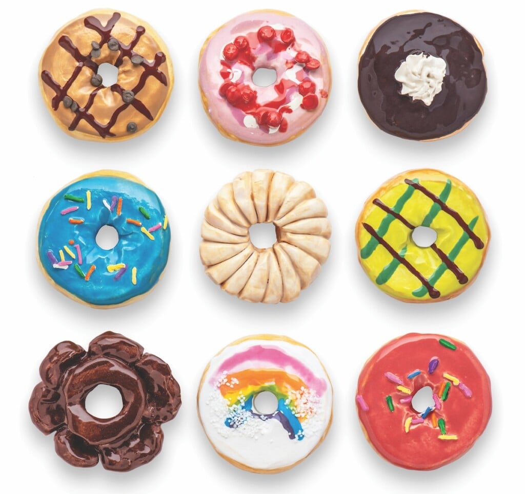 Nine colorful doughnuts created by Jeff Nebeker