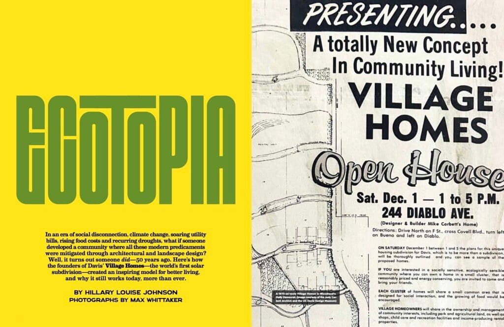 An opening spread for Ecotopia, showing an original ad for the Davis community of Village Homes