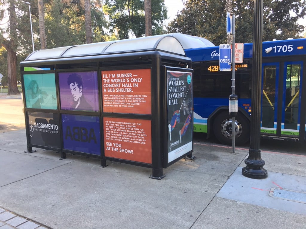 A Bus Stop with posters for the Sacramento Philharmonic and Opera