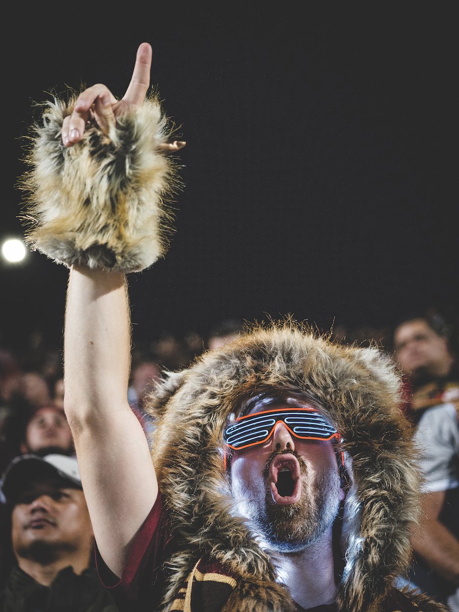 Portland High's mascot makes the crowds cheer, though he can't hear them