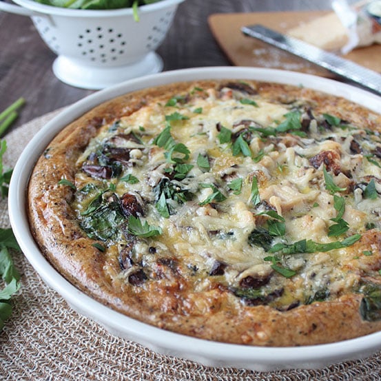 mushroom spinach turkey quiche with leftover stuffing crust