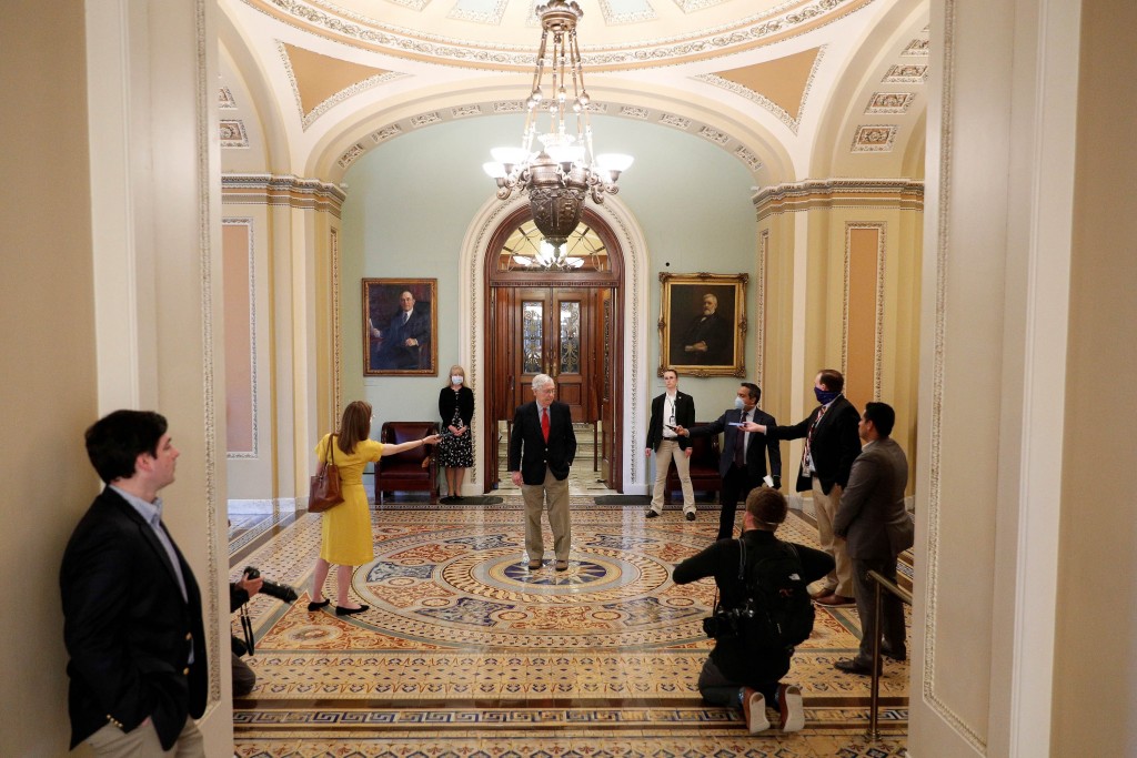 Senate Majority Leader Mcconnell Speaks To Members Of The News Media After Departing From The Senate Chamber Floor On Capitol Hill In Washington