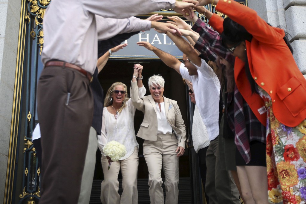 Stacy Wood And Her Wife Michele Barr Leave San Francisco City Hall After Getting Married In San Francisco, California