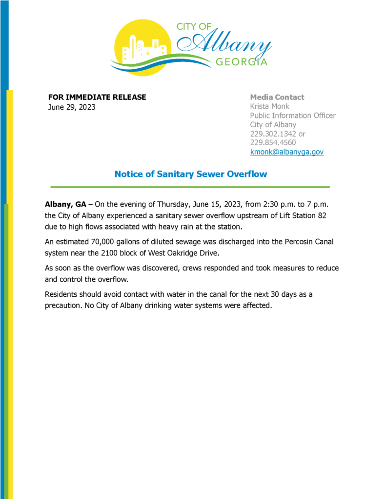 6 29 23 Press Release Sanitary Sewer Overflow