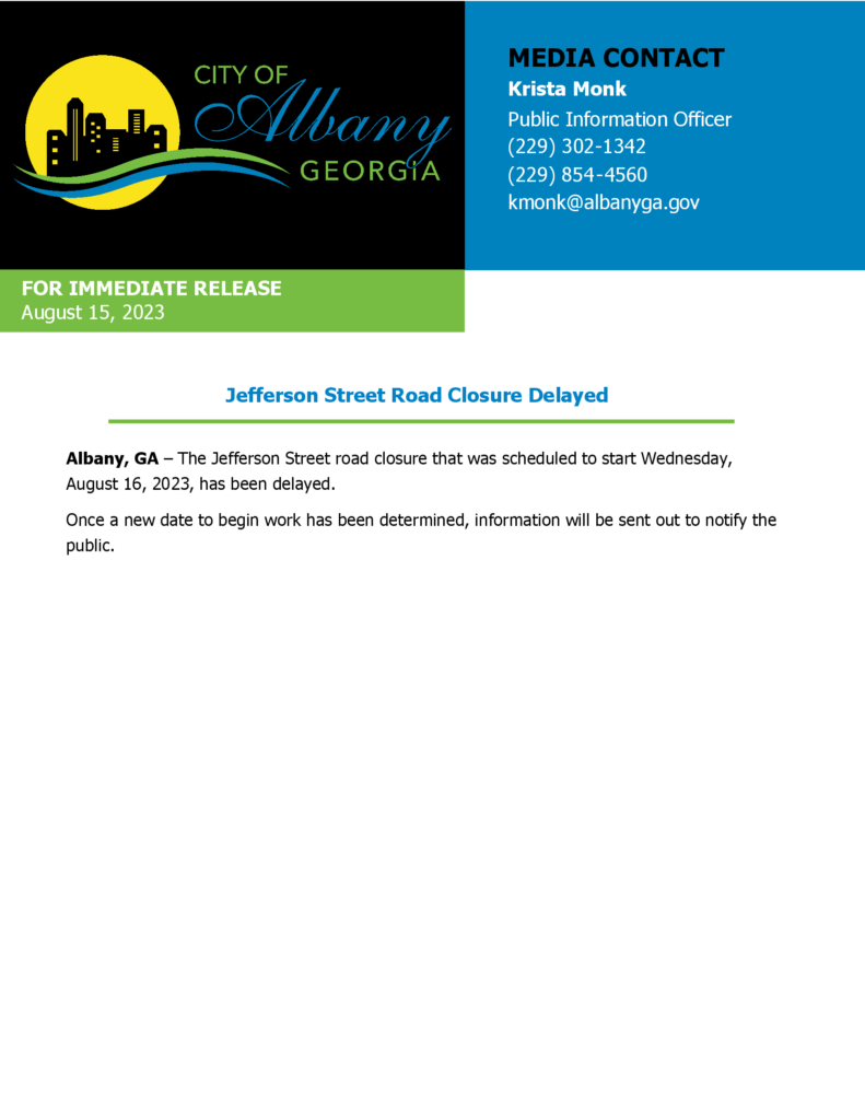 8 15 23 Press Release Jefferson Closure Delayed