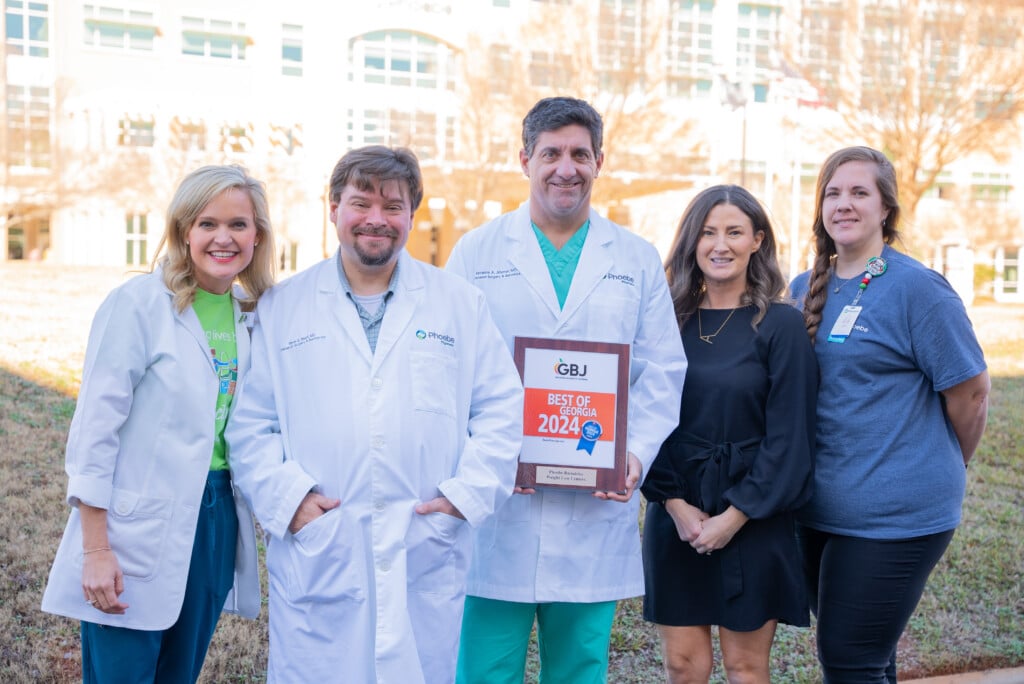 Phoebe Bariatrics team (Ashley Austin, DNP, Bariatric Program Coordinator; Sean Sheff, MD, Bariatric Surgeon; Jeremy Joyner, MD, Bariatric Surgeon; Ashley McCollum, RD, Lead Clinical Dietitian; Julie Lamb, Bariatric Program Assistant) with their Best of Georgia plaque