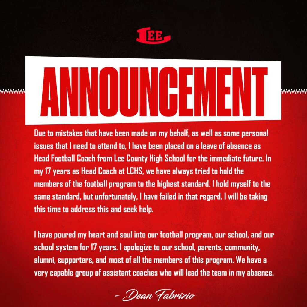 Lee County Head Football Coach Dean Fabrizio Administrative Leave