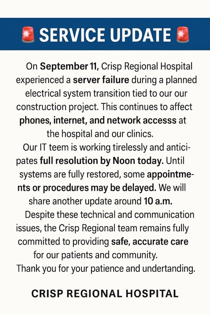 Crisp Regional Service Outage