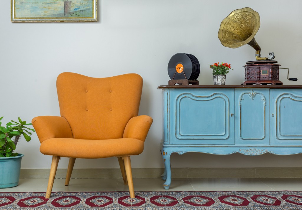 Retro Orange Armchair, Vintage Wooden Light Blue Sideboard, Old