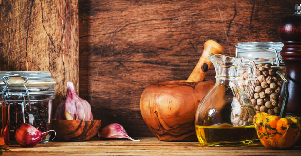 Cooking Background. Rustic Wooden Kitchen Table, Cast Iron Pan,