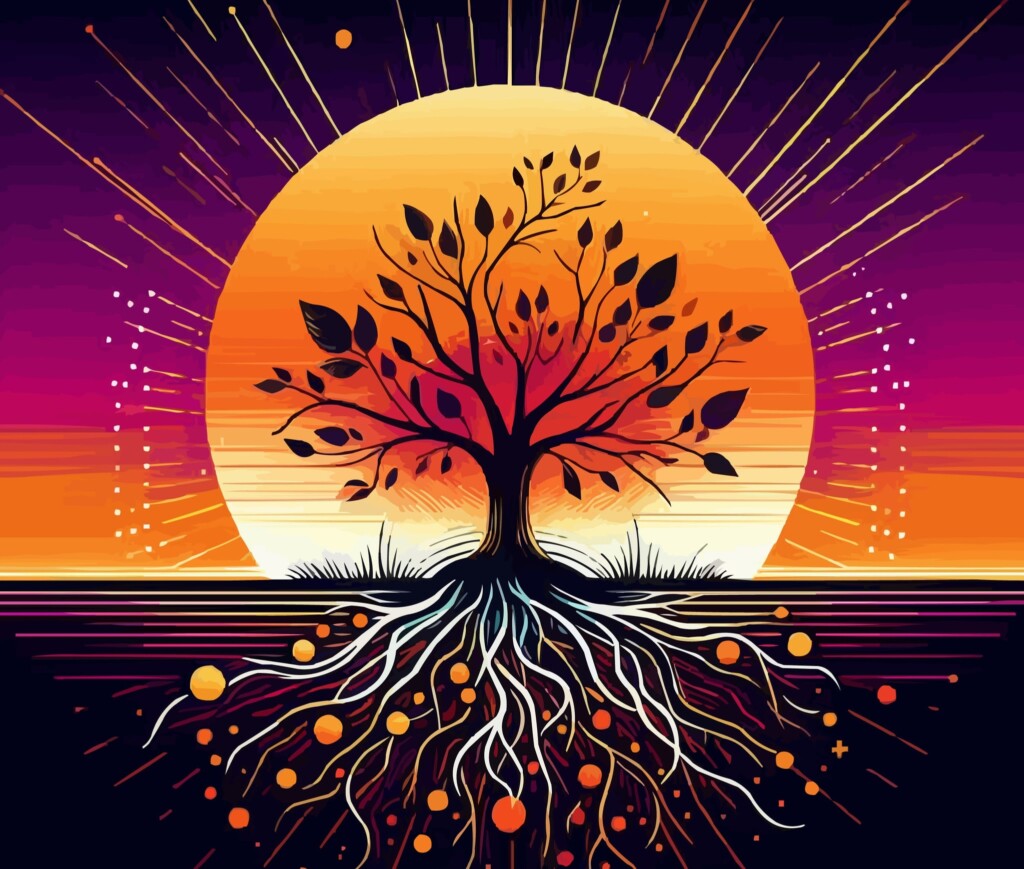 Abstract Tree With Roots On The Background Of The Sun. Vector Illustration.