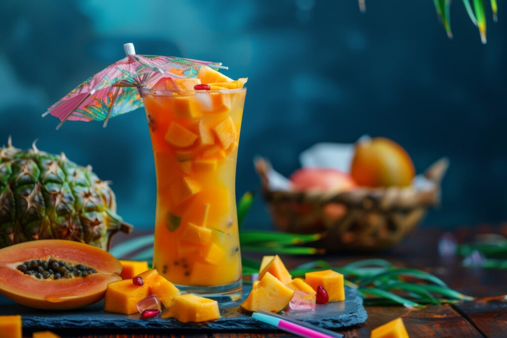 Refreshing Tropical Fruit Cocktail With Papaya And Pineapple On A Vibrant Table Setting