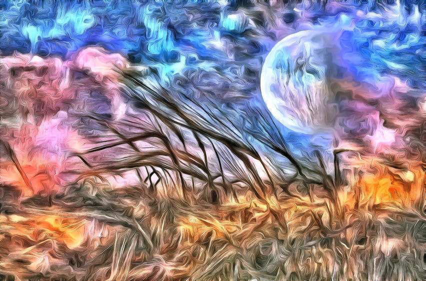 Surreal Painting. Field Of Wheat, Full Moon In The Sky. 3d Rendering