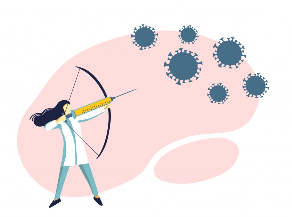 Woman Fighting With Coronavirus By Syringe With Vaccine. Girl Protecting From Covid, Corona Virus. Medical Vector Illustration For Immunization, Vaccination