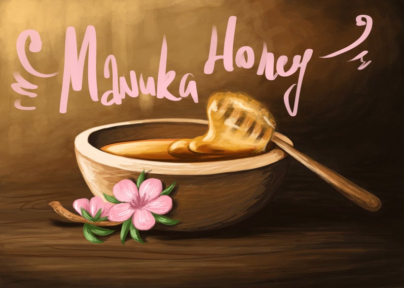 digital illustration of a wooden bowl of manuka honey