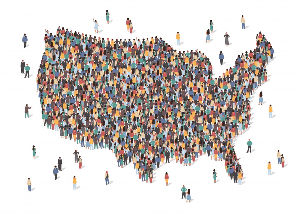 Usa Map Made Of Many People, Large Crowd Shape. Group Of People Stay In Us Country Map Formation. Immigration, Election, Multicultural Diversity Population Concept. Vector Isometric Illustration