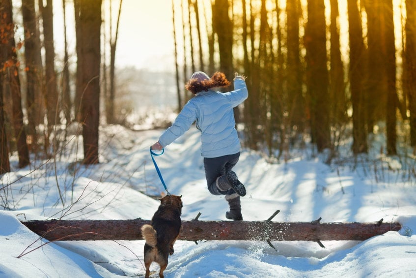 Young Woman With Her Dog Jumping Over A Log In Snowy Winter