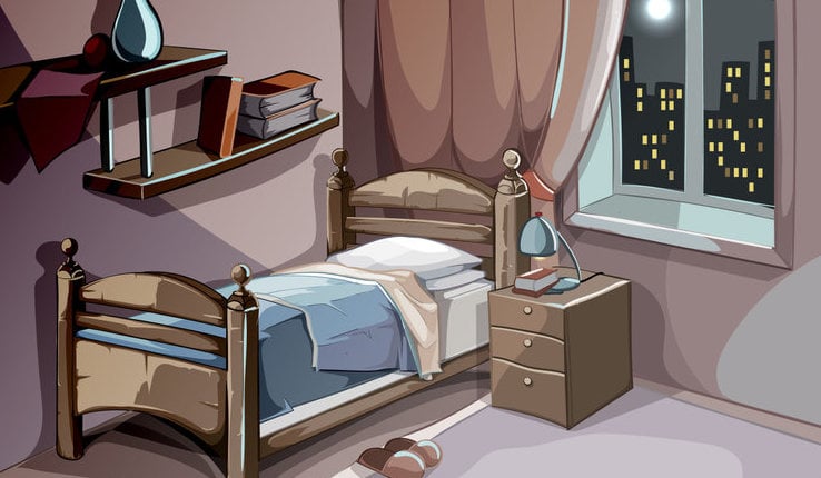 Bedroom Interior At Night In Cartoon Style. Vector Sleeping Concept Background