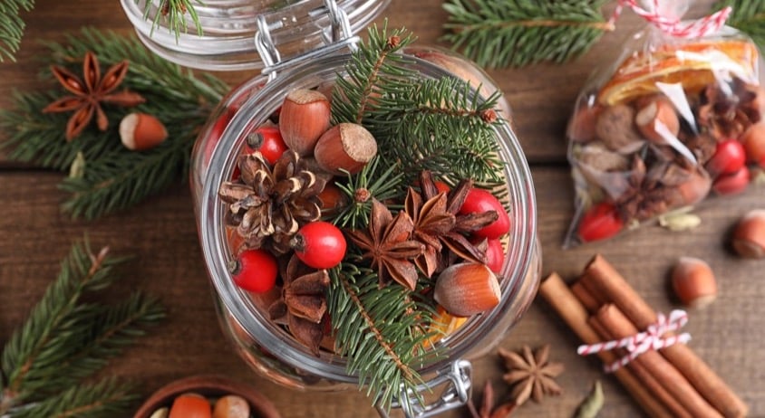 Aroma Potpourri With Different Spices On Wooden Table, Flat Lay