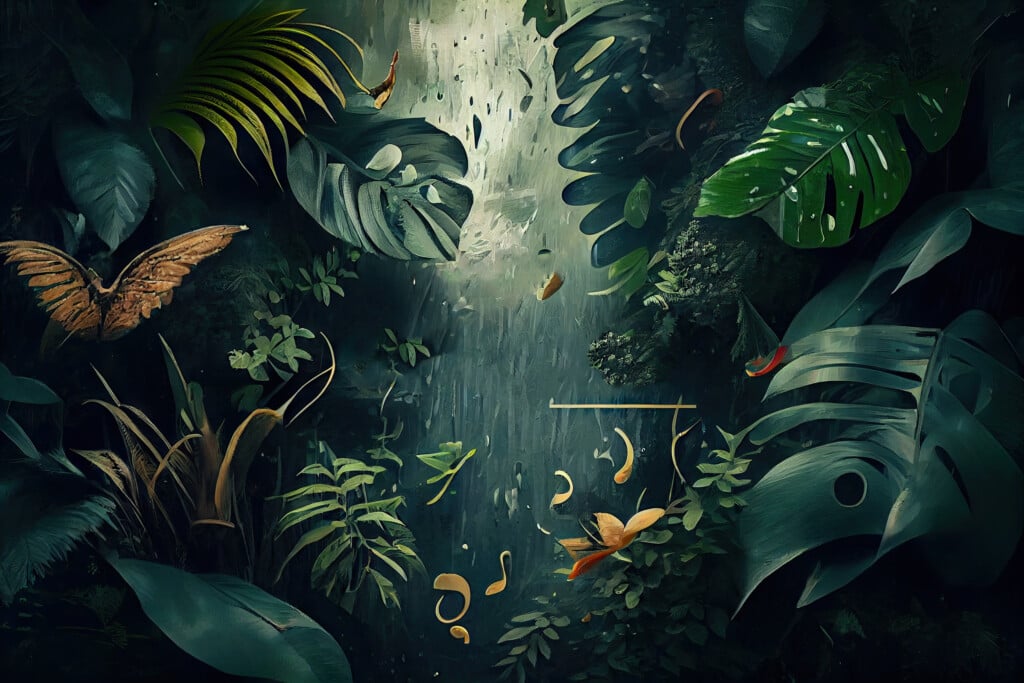 Rain Forest Music Collage, Jungles Melody, Classic Musical Poster, Nature Sounds Abstract Generative Ai Illustration