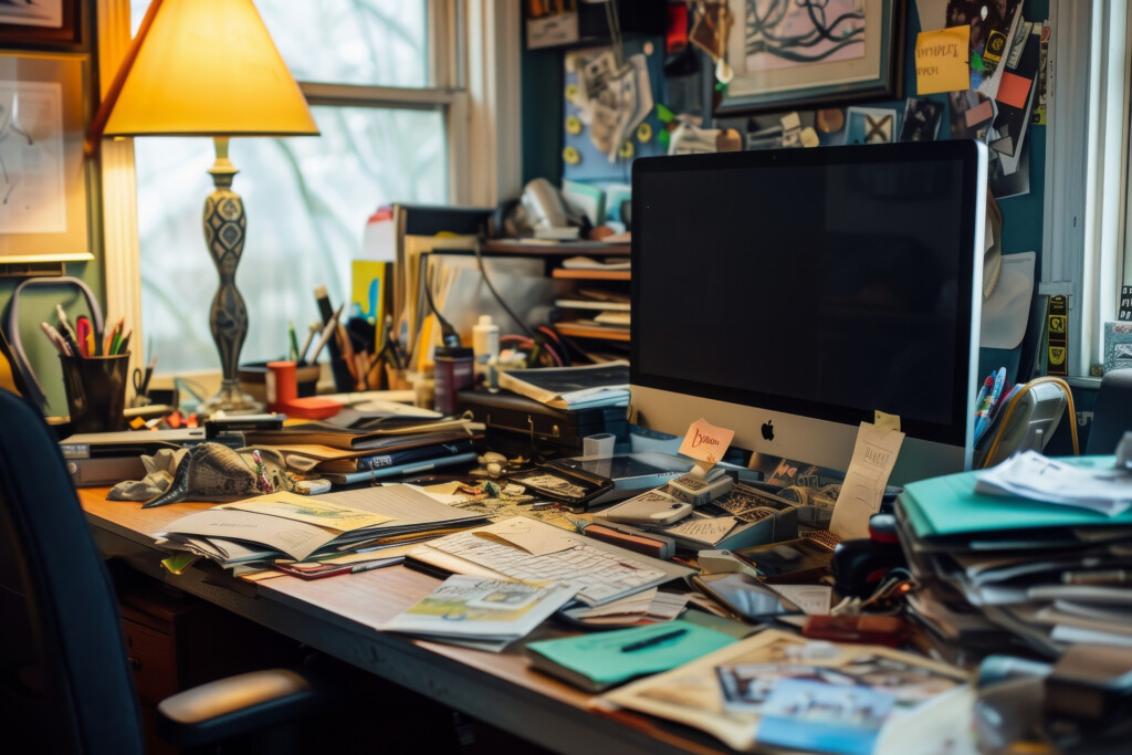 A Desk Cluttered With Various Office Supplies And Papers, With A