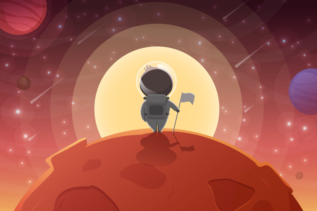 Astronaut In Spacesuit Or First Man On Red Planet Mars. Cosmos A