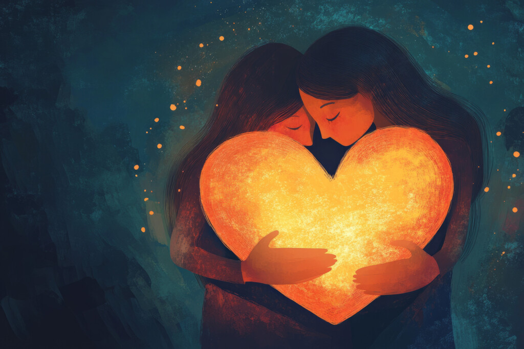 A Heartwarming Illustration Of Two People Sharing A Warm Hug, Their Hearts Glowing With Soft Light, Symbolizing Compassion And Emotional Support In Relationships.