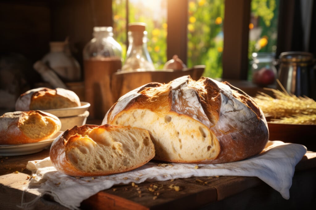 Freshly Baked Bread On A Wooden Table In A Rustic Style