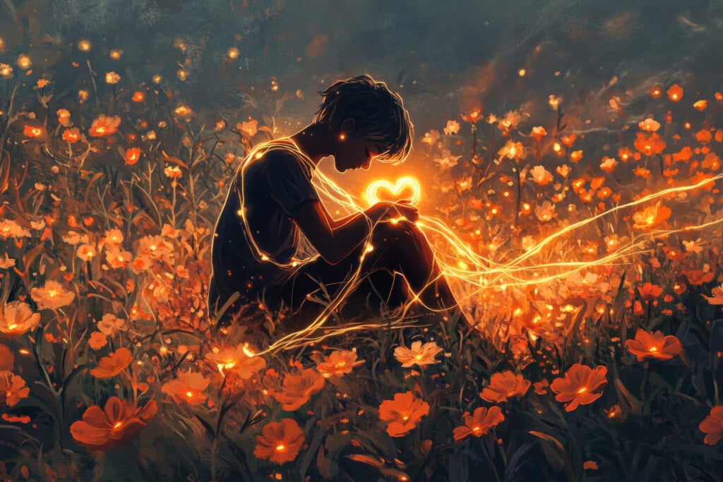A Poignant And Emotional Illustration Of A Person Sitting In A Field Of Flowers, Their Heart Slowly Mending With Glowing Threads Of Light, Symbolizing Healing From Heartbreak.