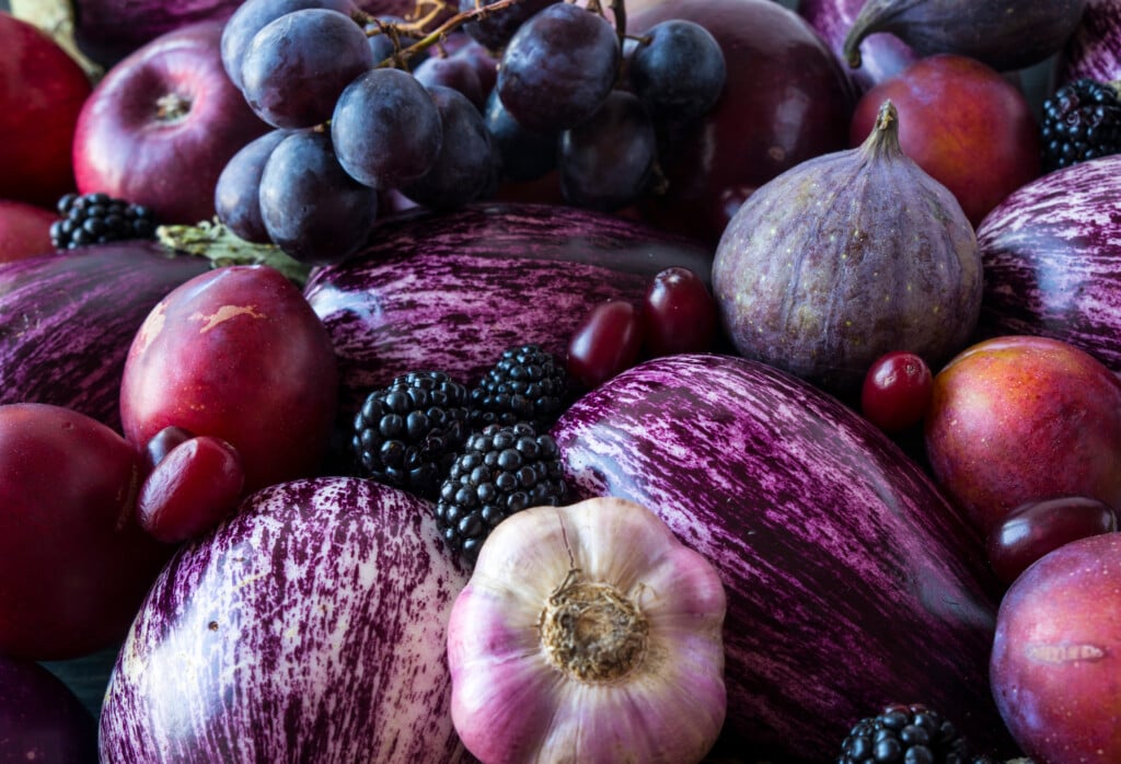 Background Of Fresh Vegetables And Fruits. Purple Eggplant, Blac