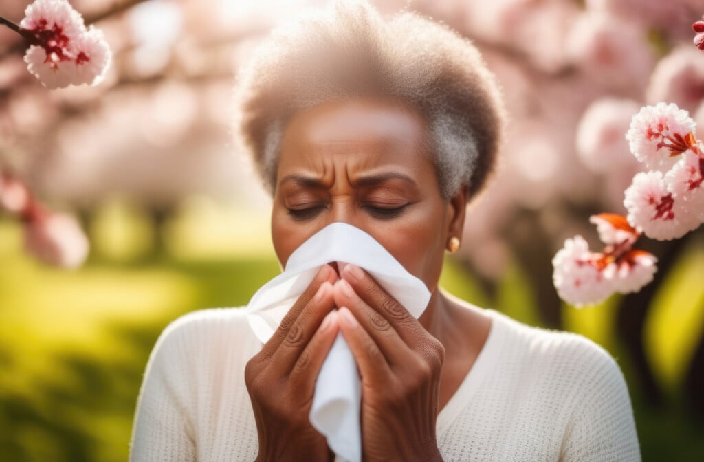 Elderly Dark Skinned Woman Blowing Her Nose And Sneezing Into A Handkerchief Against A Background Of Flowering Trees. The Concept Of Spring Allergies, Asthma. The Season Of Blossoms And Flower Pollen