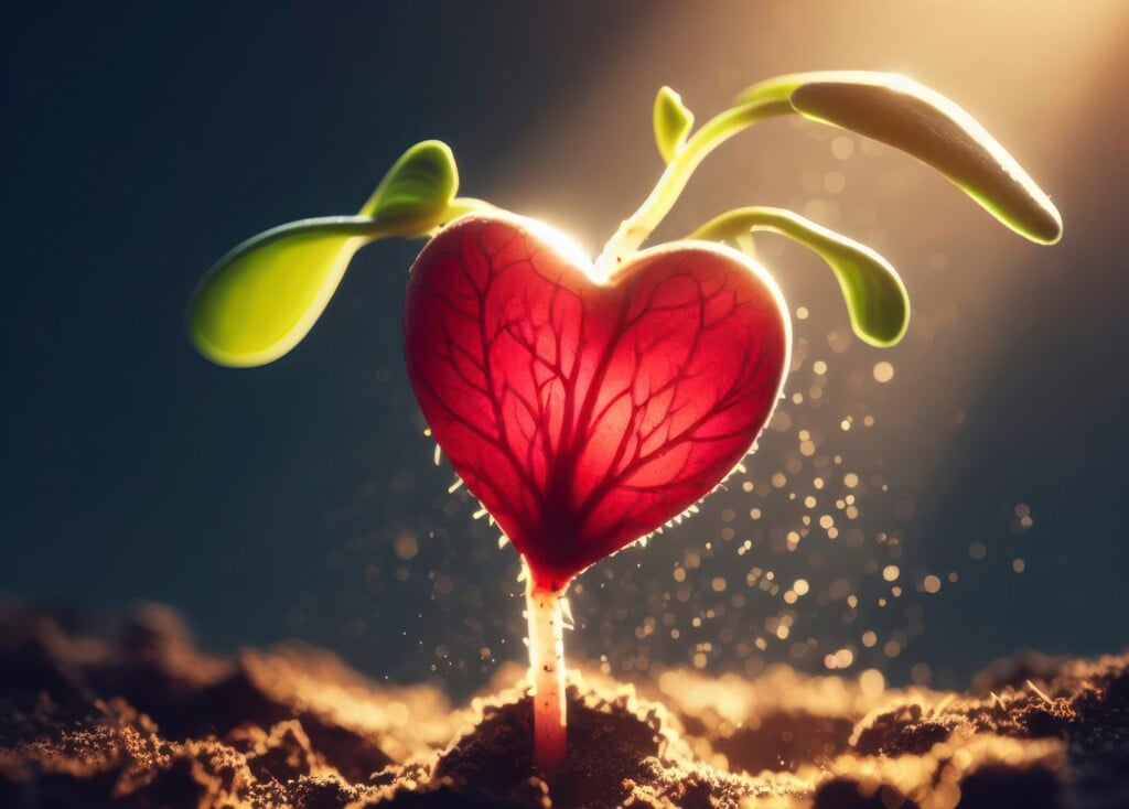 Young Sprout With Red Heart Growing In The Soil. Ai Generative