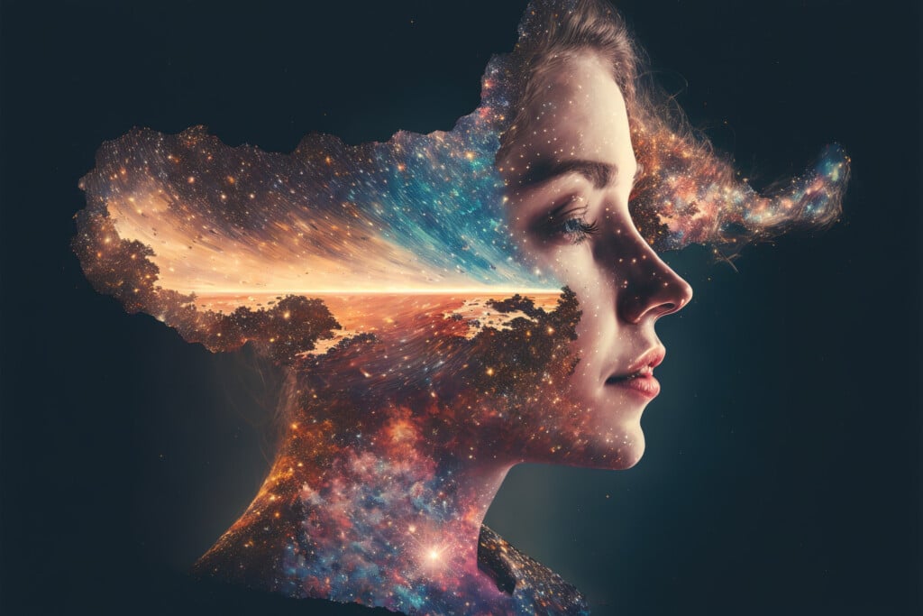 Universe And Galaxy Inside Woman Brain Double Exposure Meditative Mind