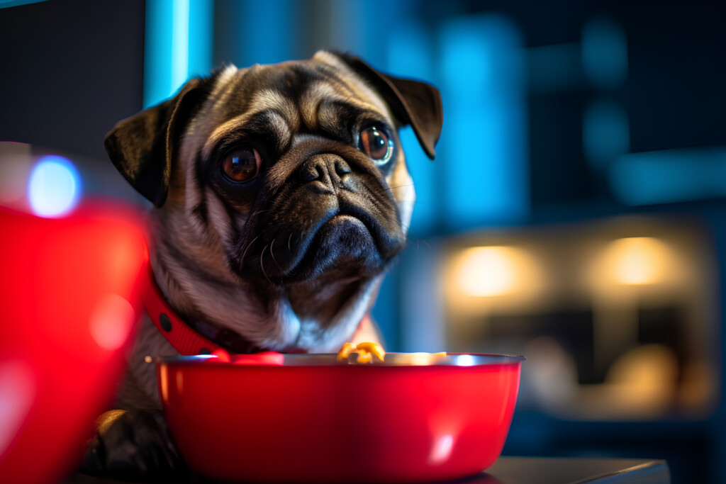 Pug Dog With A Bowl Of Food And A Candle In The Dark